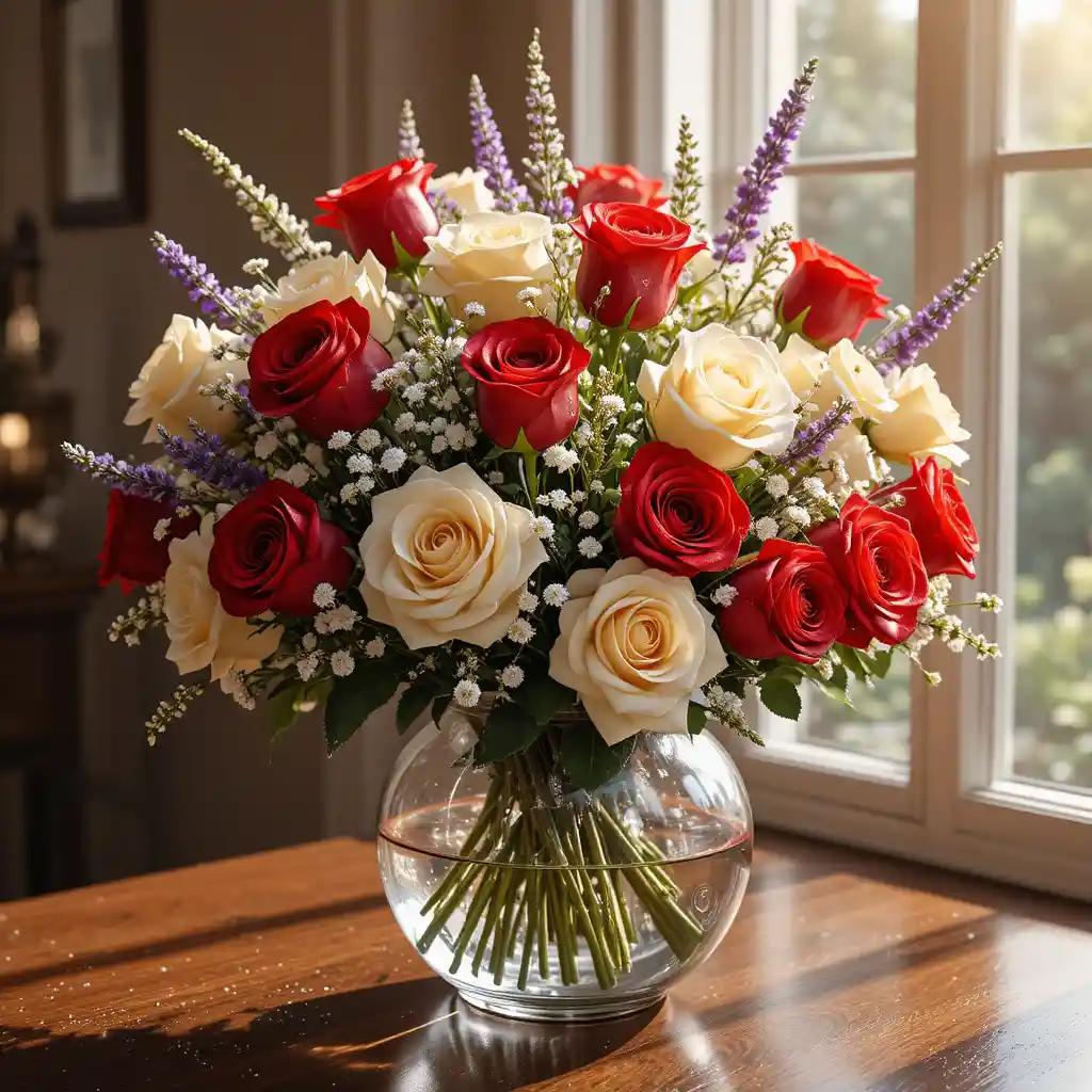 Bouquet di San Valentino in vaso di vetro alla luce del sole