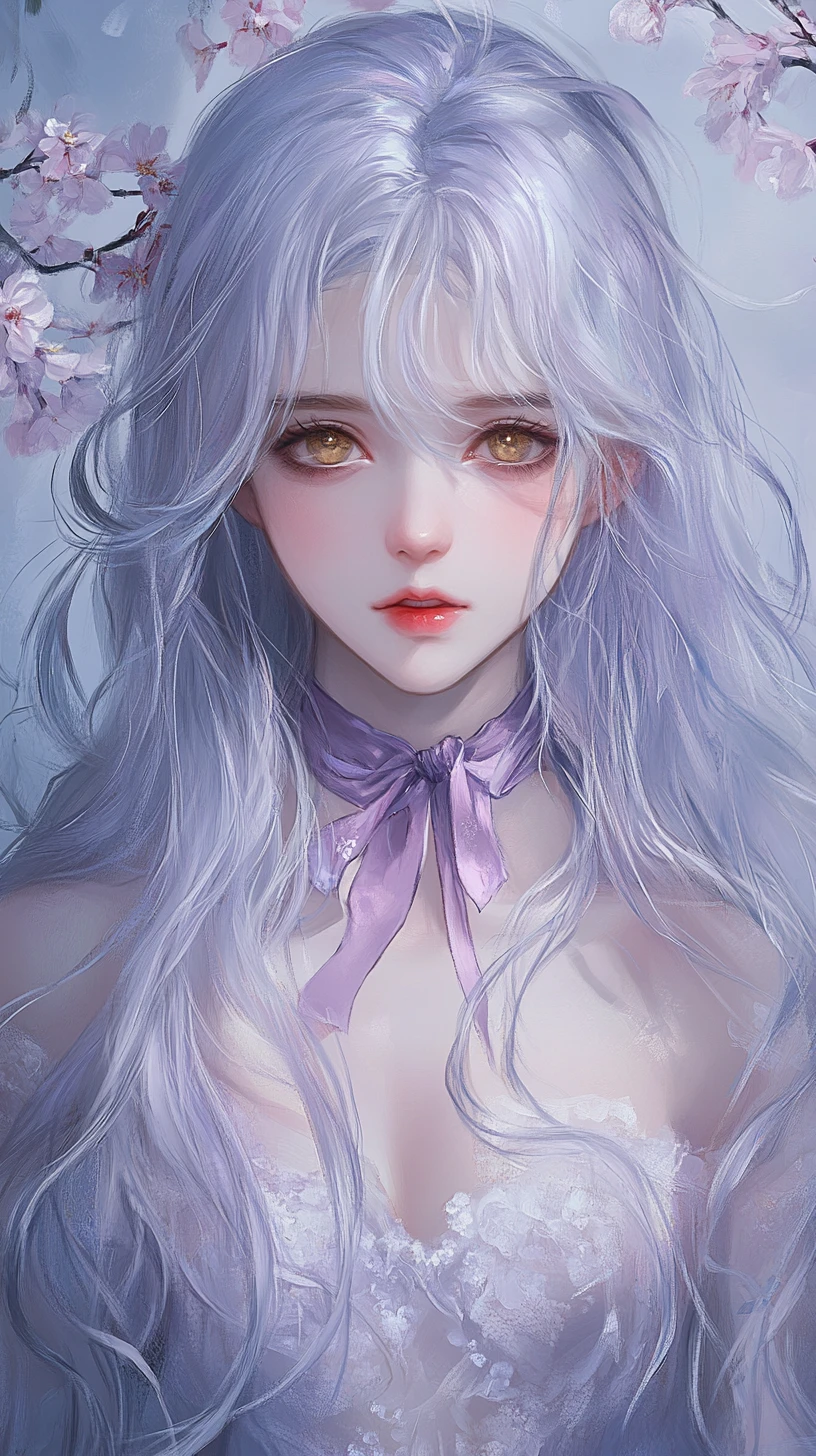 Zarte Anime‑Mädchen mit lavendelfarbenem Haar und Kirschblüten