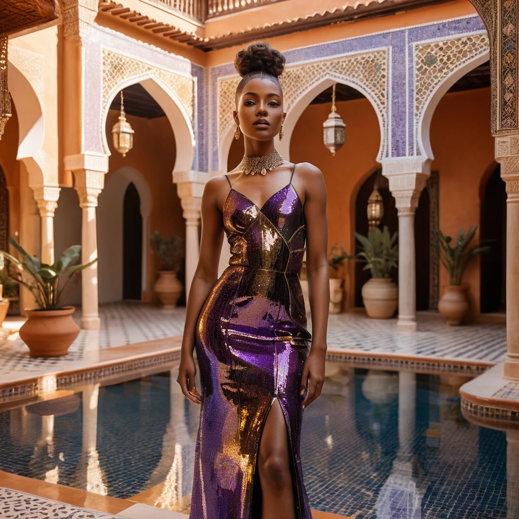 Elegante mujer negra con vestido de alta costura en patio de riad bañado por el sol