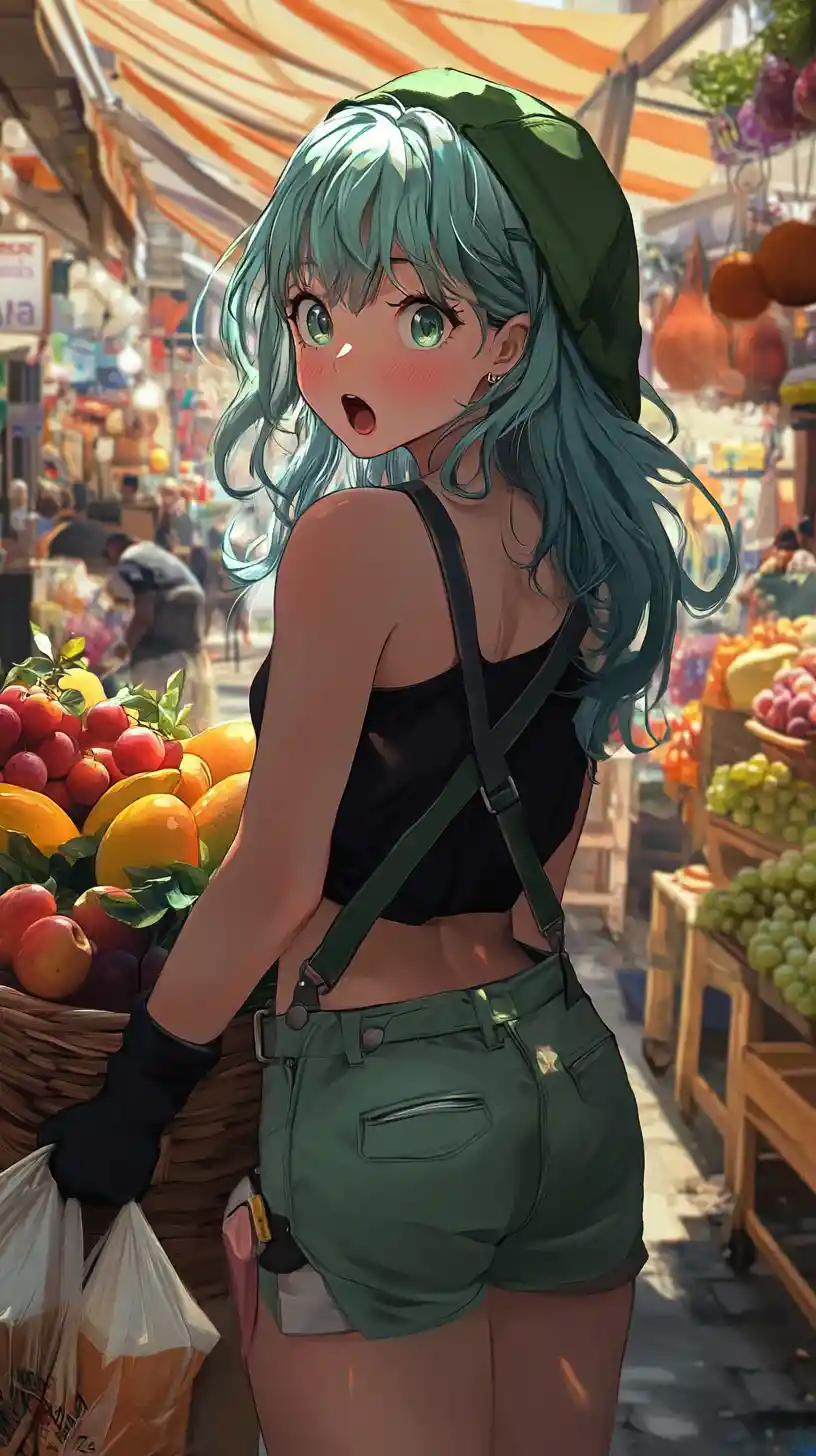Chibi anime girl at a bustling fruit market stall
