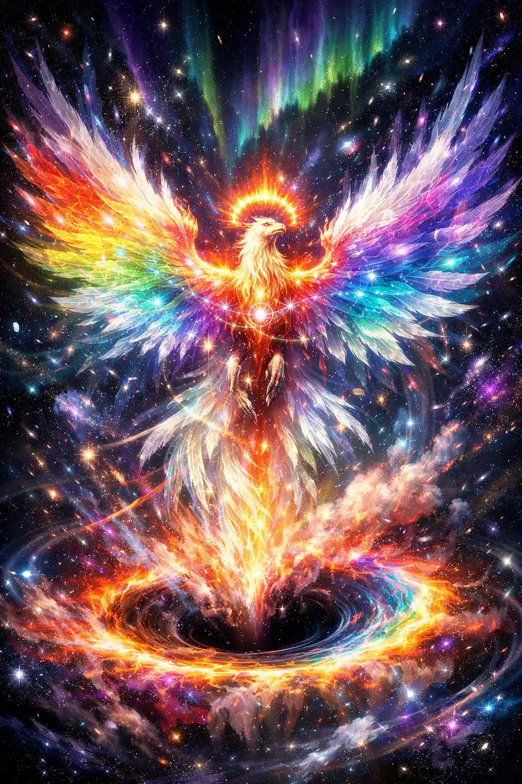 Surreal cosmic phoenix rising through radiant rainbow space