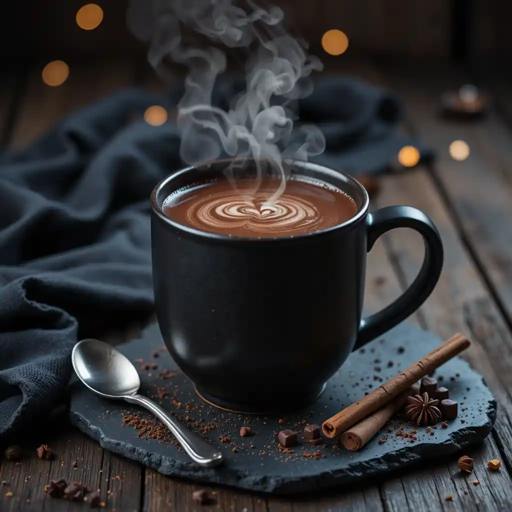 Chocolat chaud au chai réconfortant dans une tasse noire sur table sombre