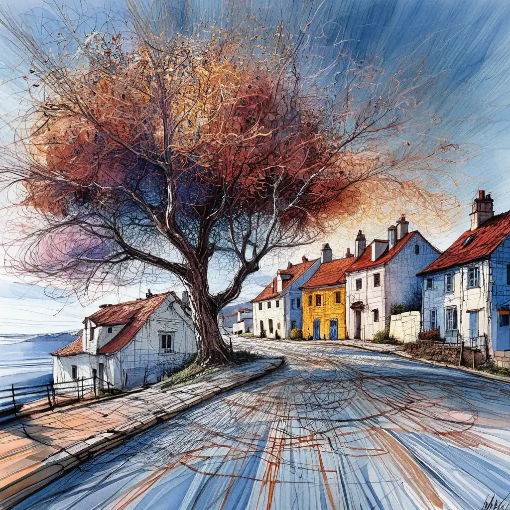 Colorful line art of european village street in autumn