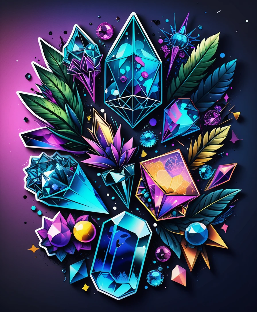 Colorful crystal sticker sheet with neon fantasy accents