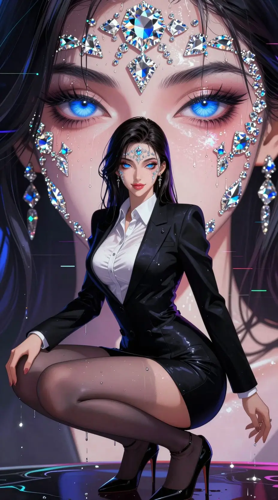 Confident anime girl in sleek suit with shining blue eyes