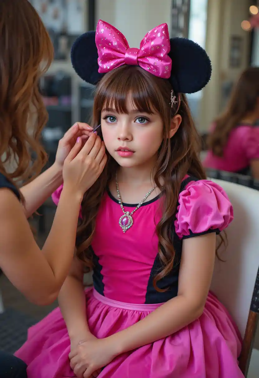 Niño con vestido rosa recibiendo maquillaje de una mujer