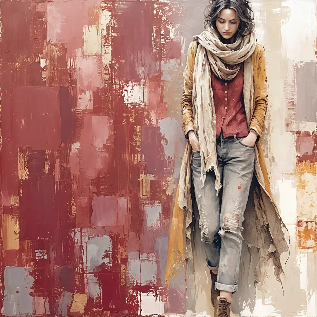 Pensive young woman in coat against textured abstract wall
