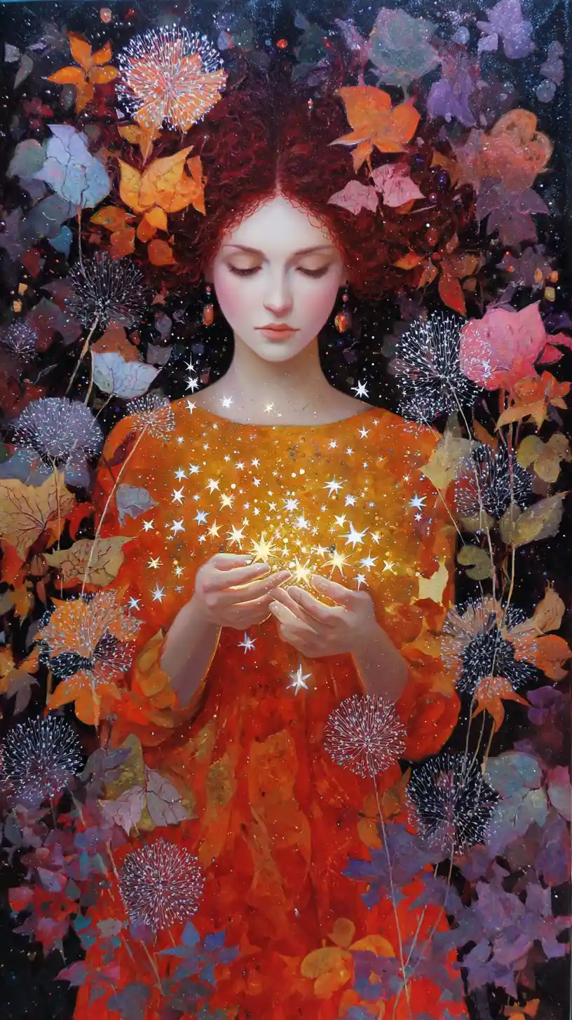 Mystical shaman woman collecting glowing stars in meadow