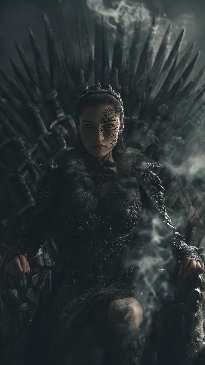 Dark fantasy woman on jagged iron throne in swirling smoke