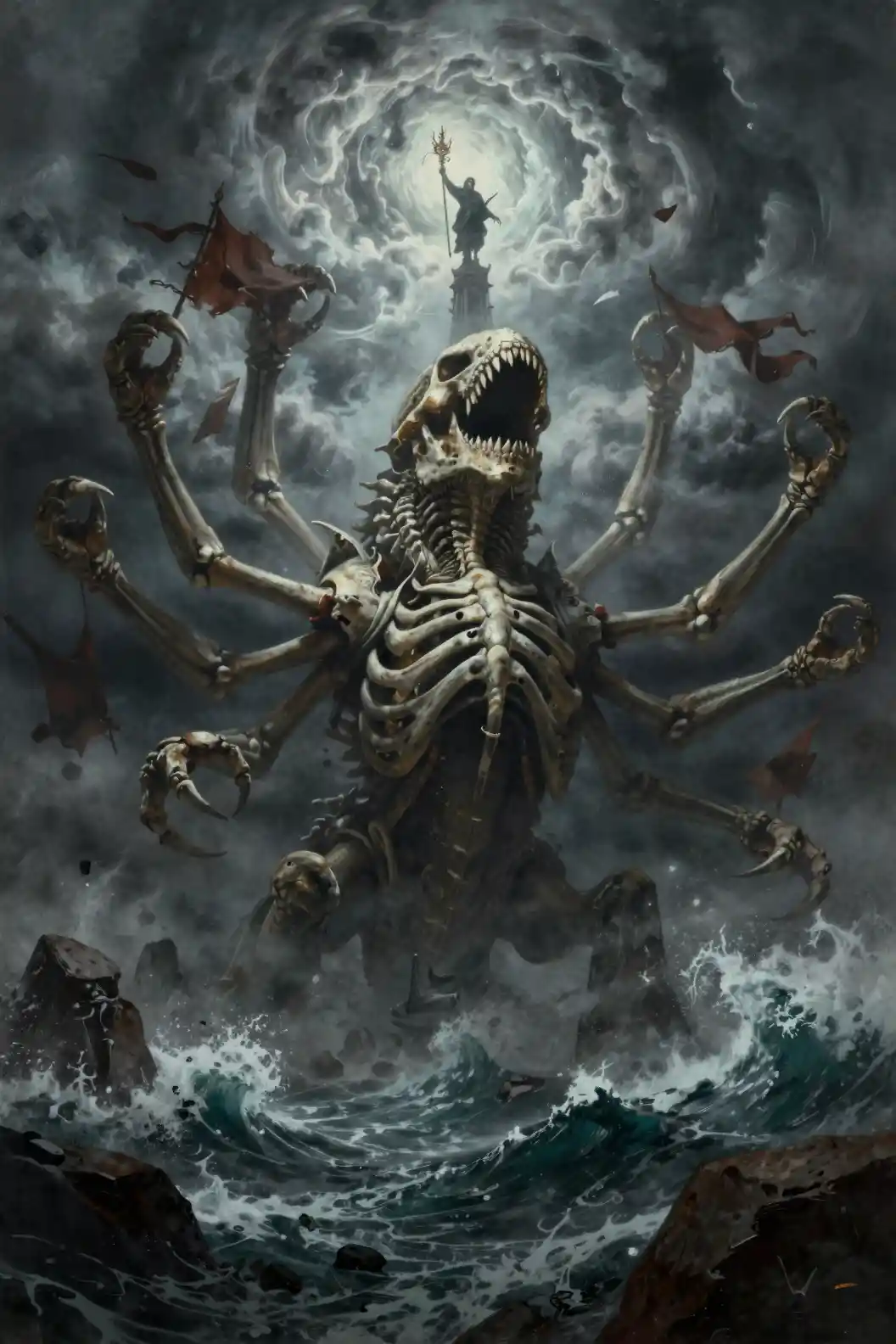 Colossal skeletal sea monster rising from stormy ocean