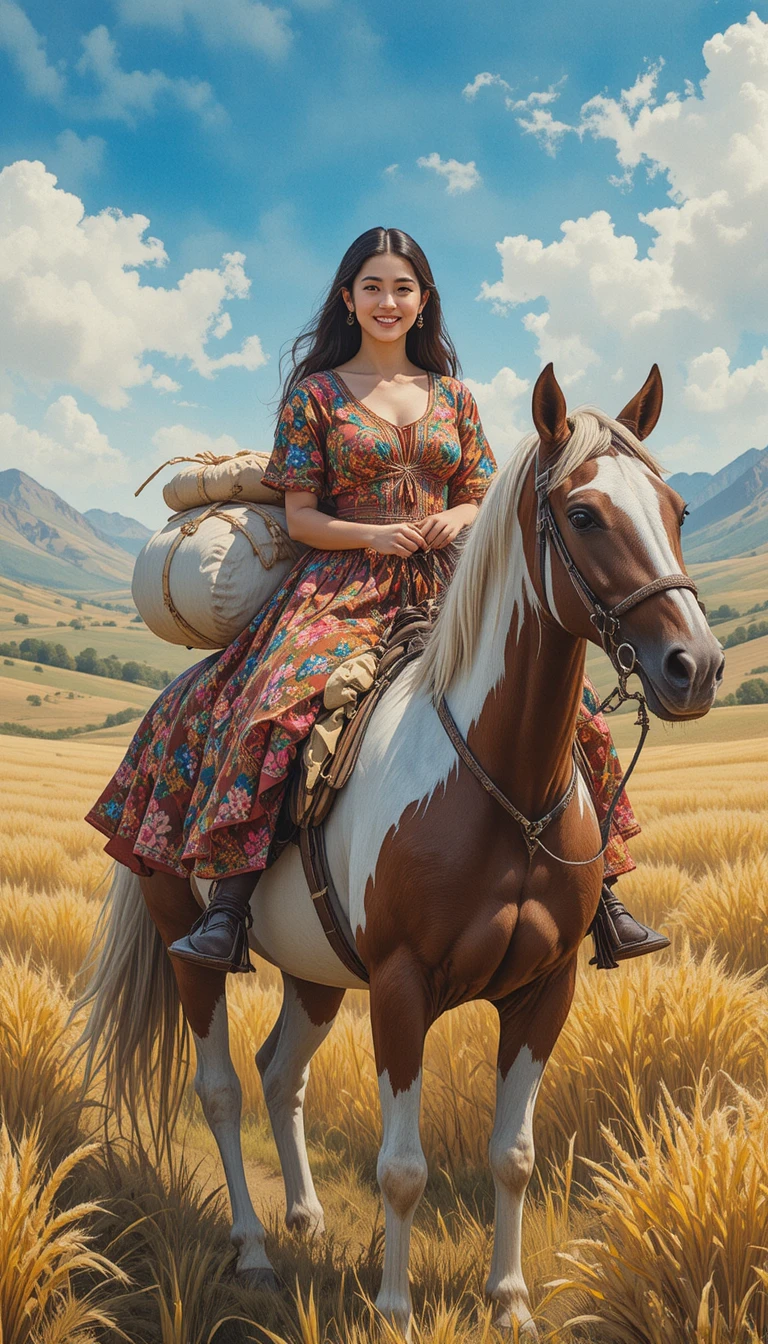 Jeune femme montant un cheval pie avec des sacs de grain