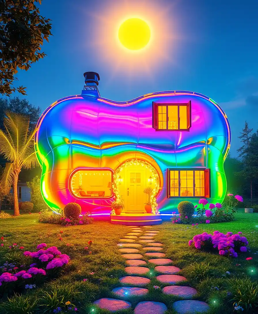 Magical iridescent rainbow house in a glowing fantasy garden