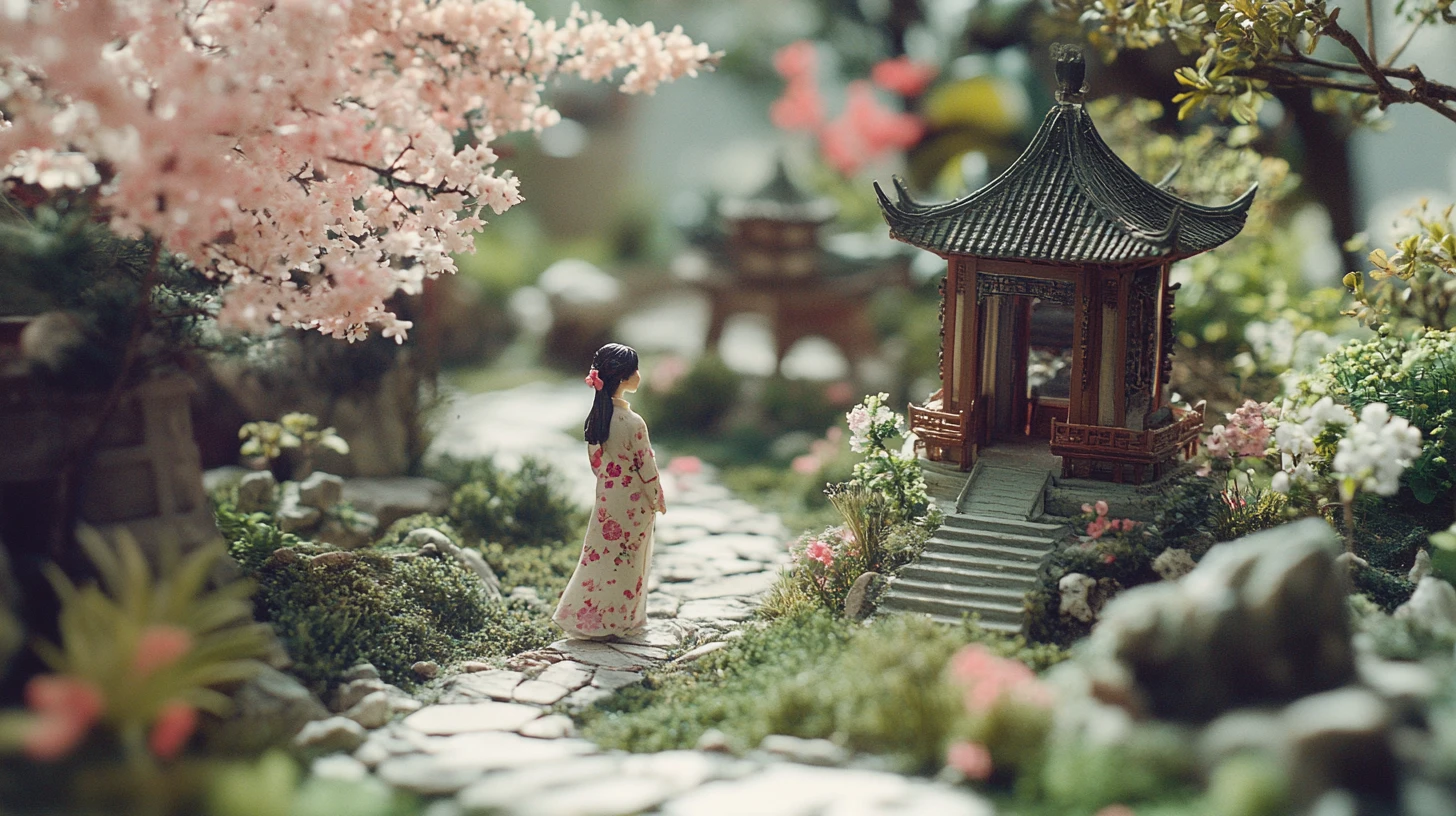 Mujer con qipao floral en un tranquilo jardín chino