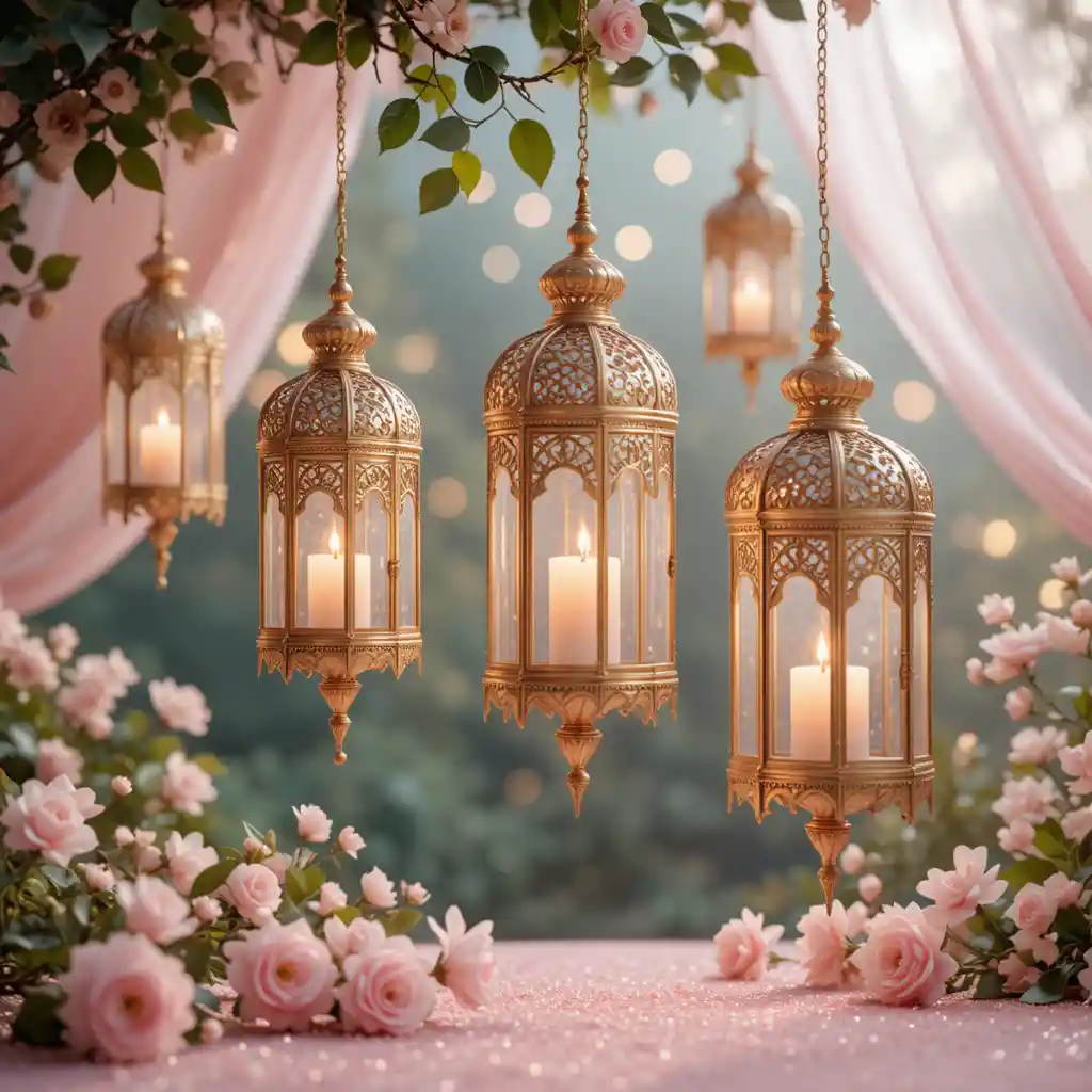 Lanternas douradas com flores cor‑de‑rosa e bokeh suave de luzes de fada