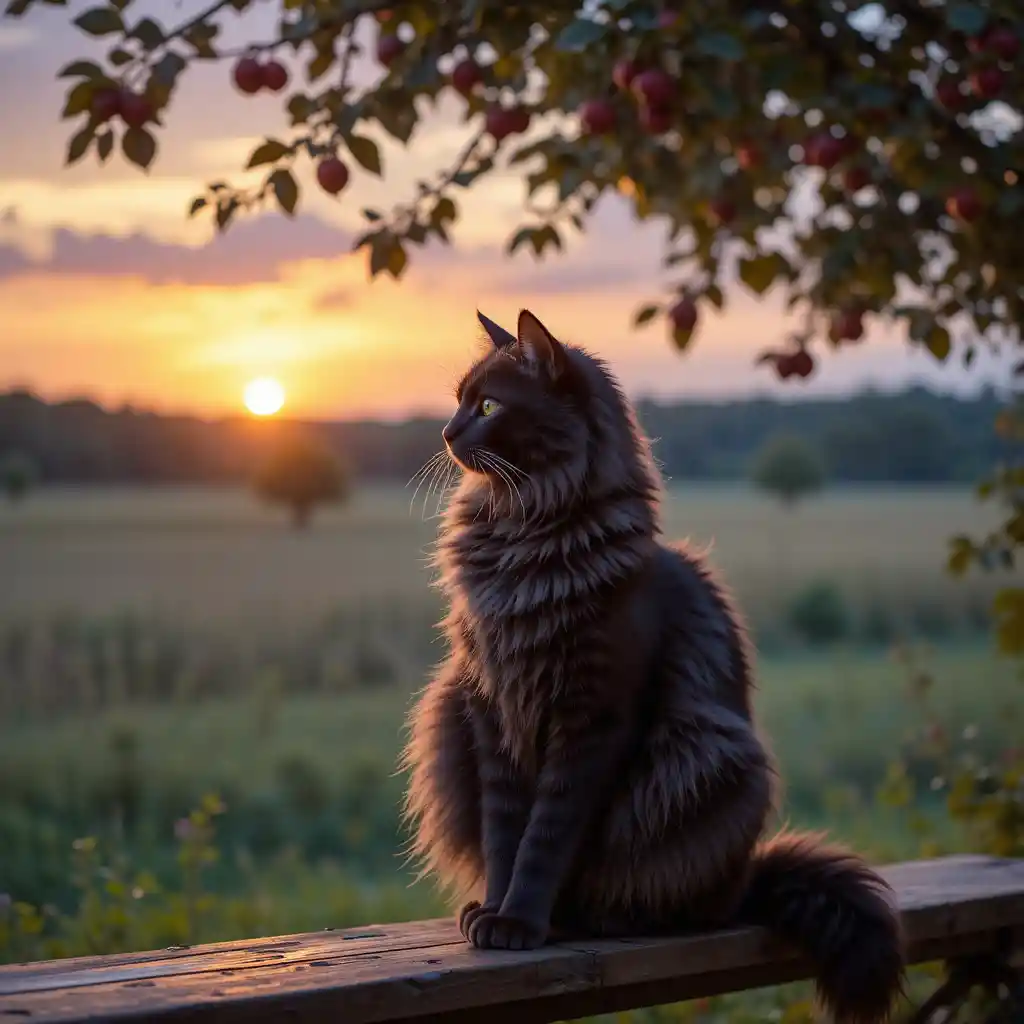 Maine-Coon-Katze auf einer Bank unter einem Apfelbaum bei Sonnenuntergang