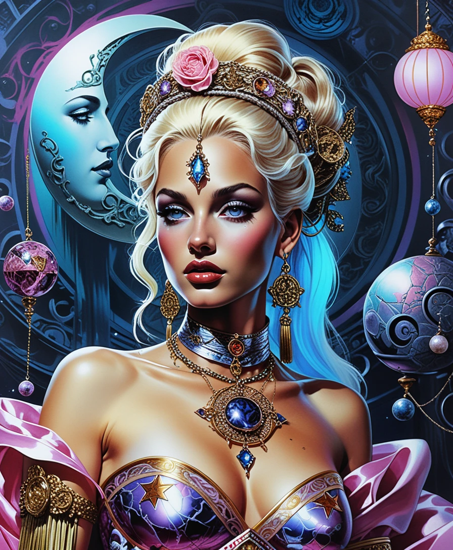 Blonde goddess in gemstone choker with celestial symbols
