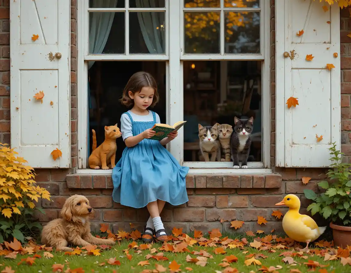 Girl Reading By A Window Surrounded By Autumn Leaves