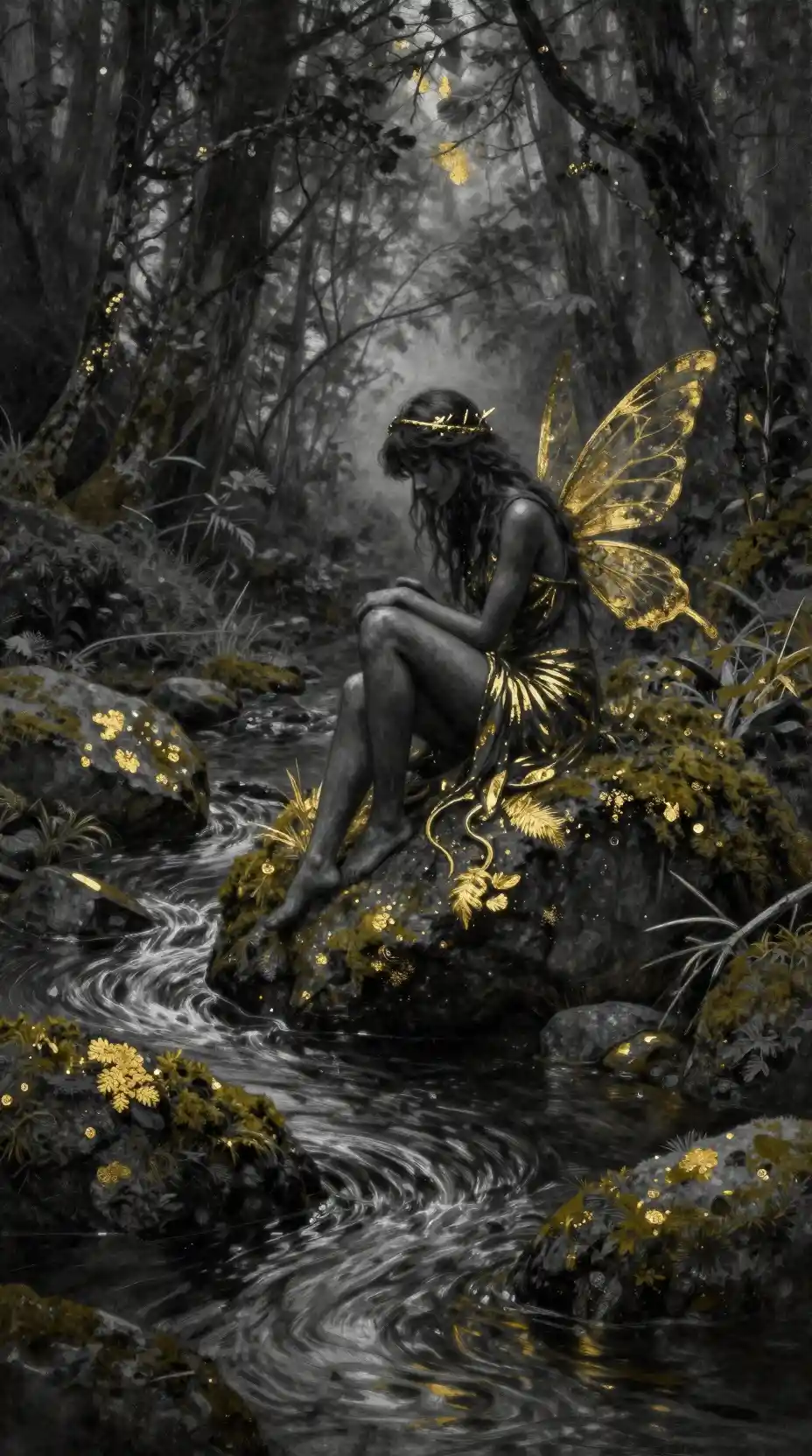 Forest fairy sitting by a dark shimmering stream