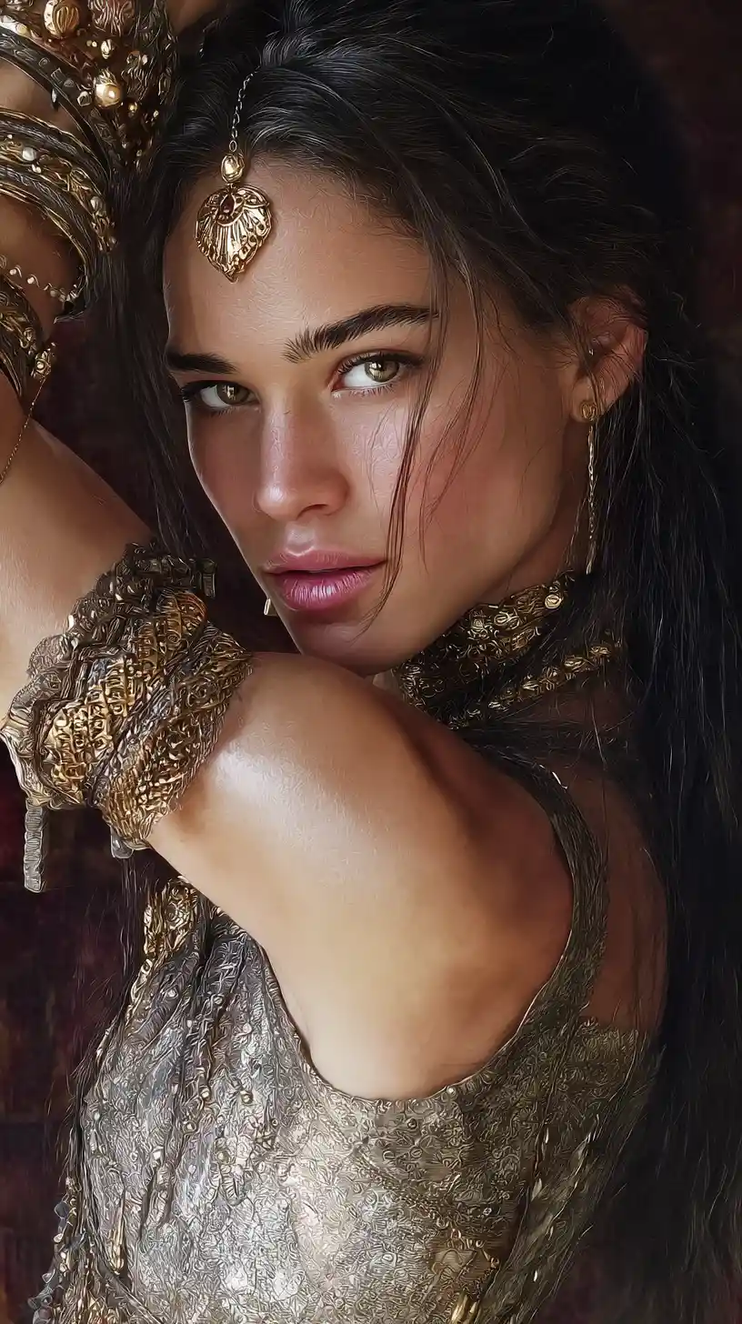 Mujer misteriosa en retrato con joyas de inspiración de Oriente Medio