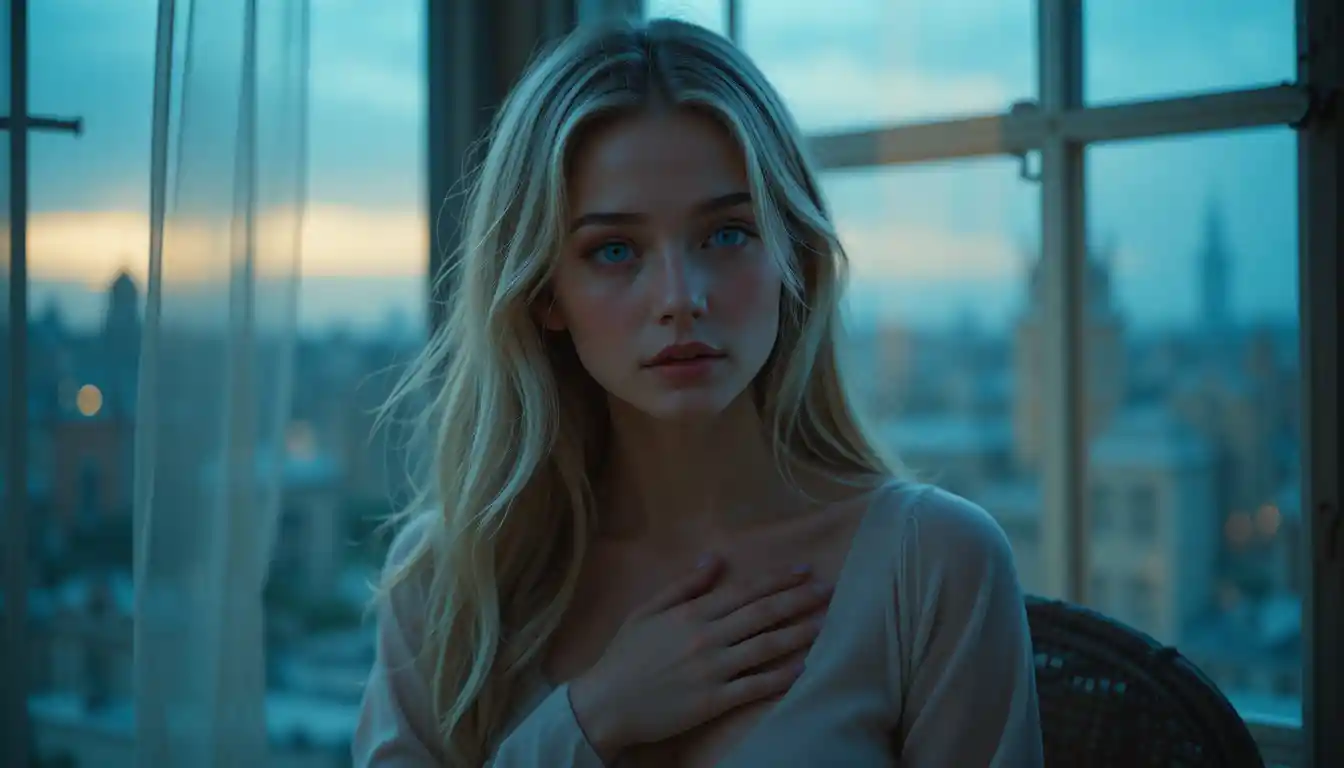 Young woman by a window in soft cinematic dusk light