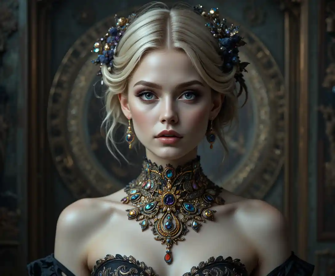 보석 드레스를 입고 천체 초커를 한 몽환적인 금발 마녀