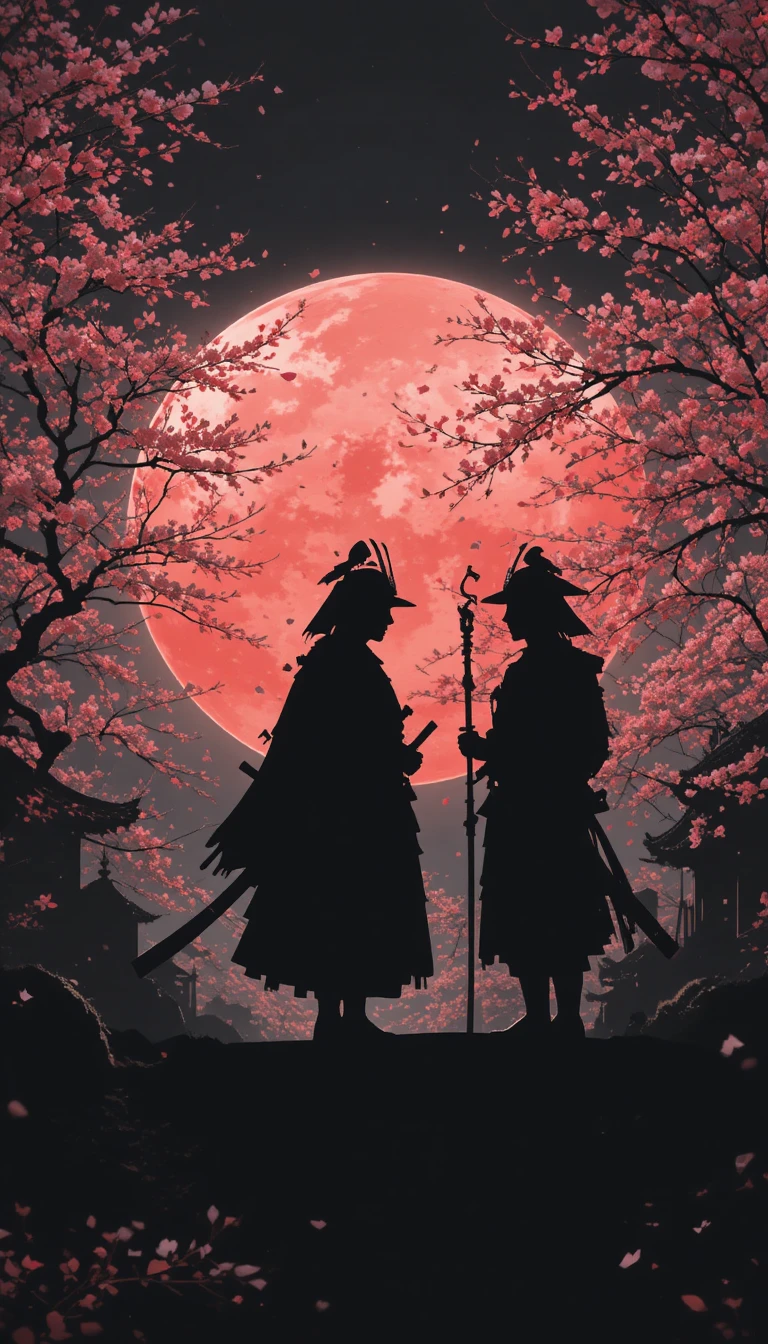 Silhuetas de gueixa e samurai com flores de cerejeira
