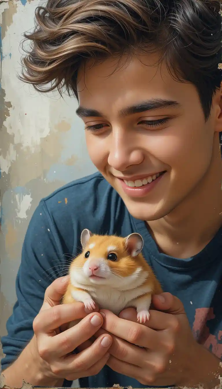 Ragazzo sorridente che tiene in mano un criceto curioso in arte ad acquerello