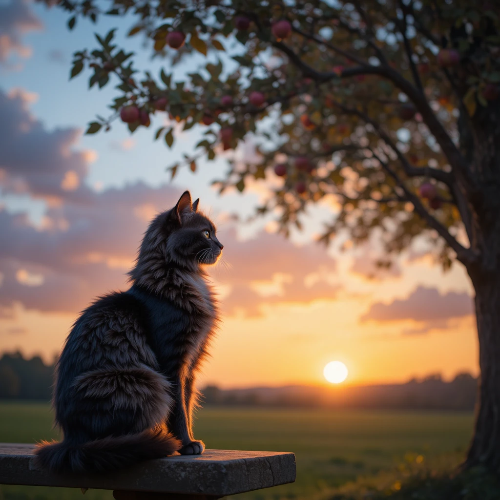 Gato Maine Coon en un banco bajo un manzano al atardecer