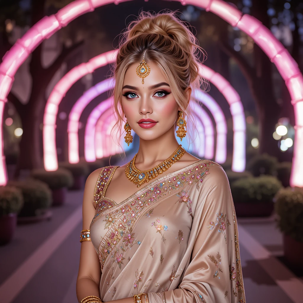 Donna bionda gioiosa in sari beige con luci al neon