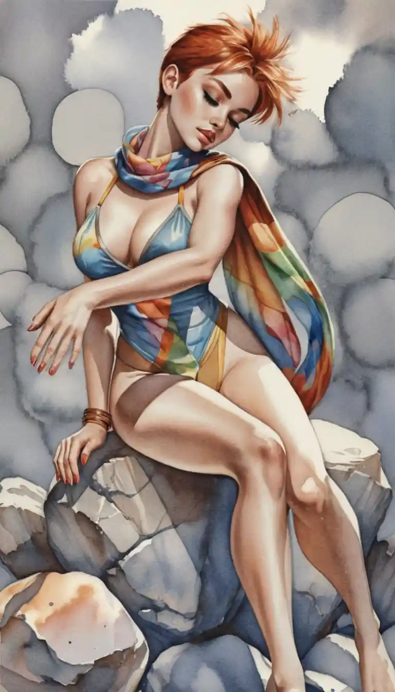 Pin-up fantasy su rocce con sciarpa arcobaleno