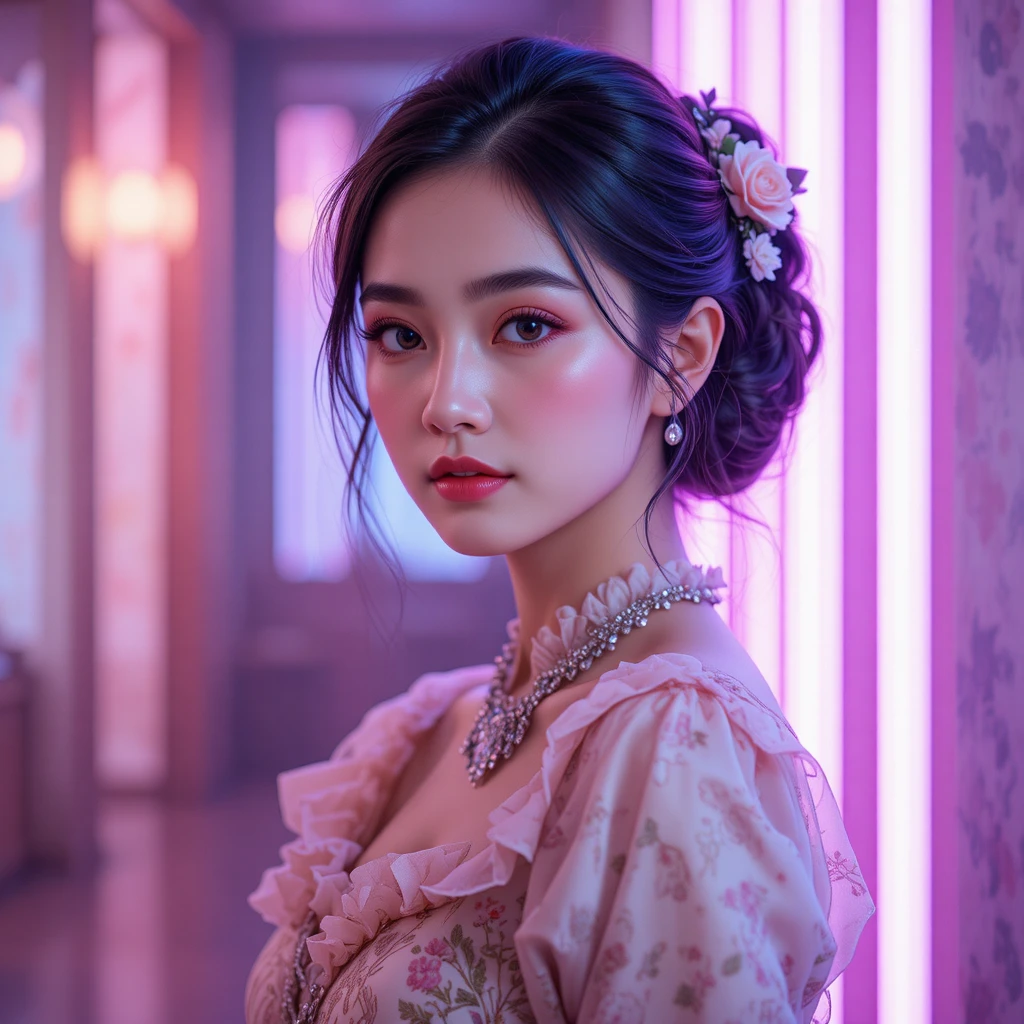 Young Asian woman in elegant floral dress portrait