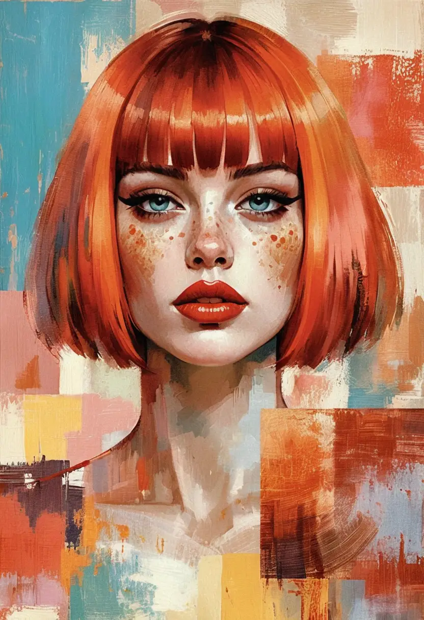 Ritratto pop art di una giovane donna con caschetto rosso