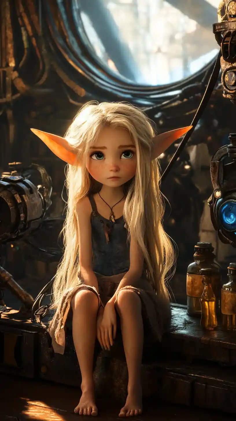 Wistful elf girl sitting barefoot by a rusted steampunk machine