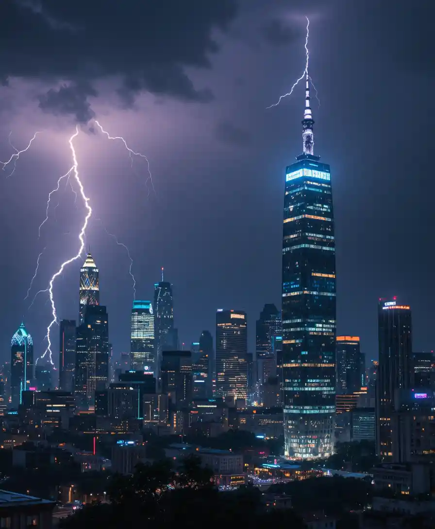 Horizonte urbano iluminado por relámpagos en una tormenta eléctrica dramática