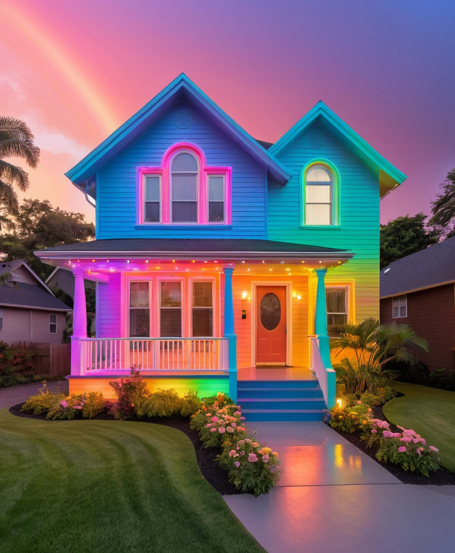 Colorful fantasy house with glowing neon rainbow lights