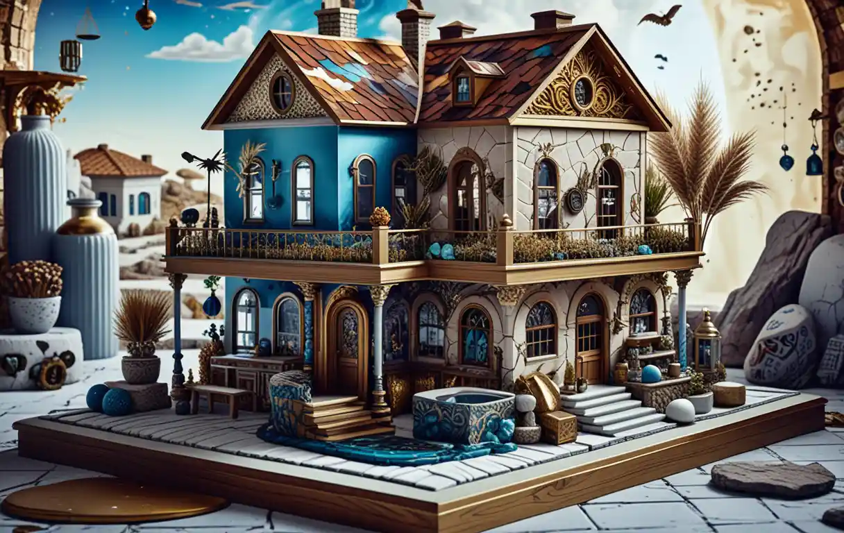 Isometric 3D miniature house on a fantasy floating island