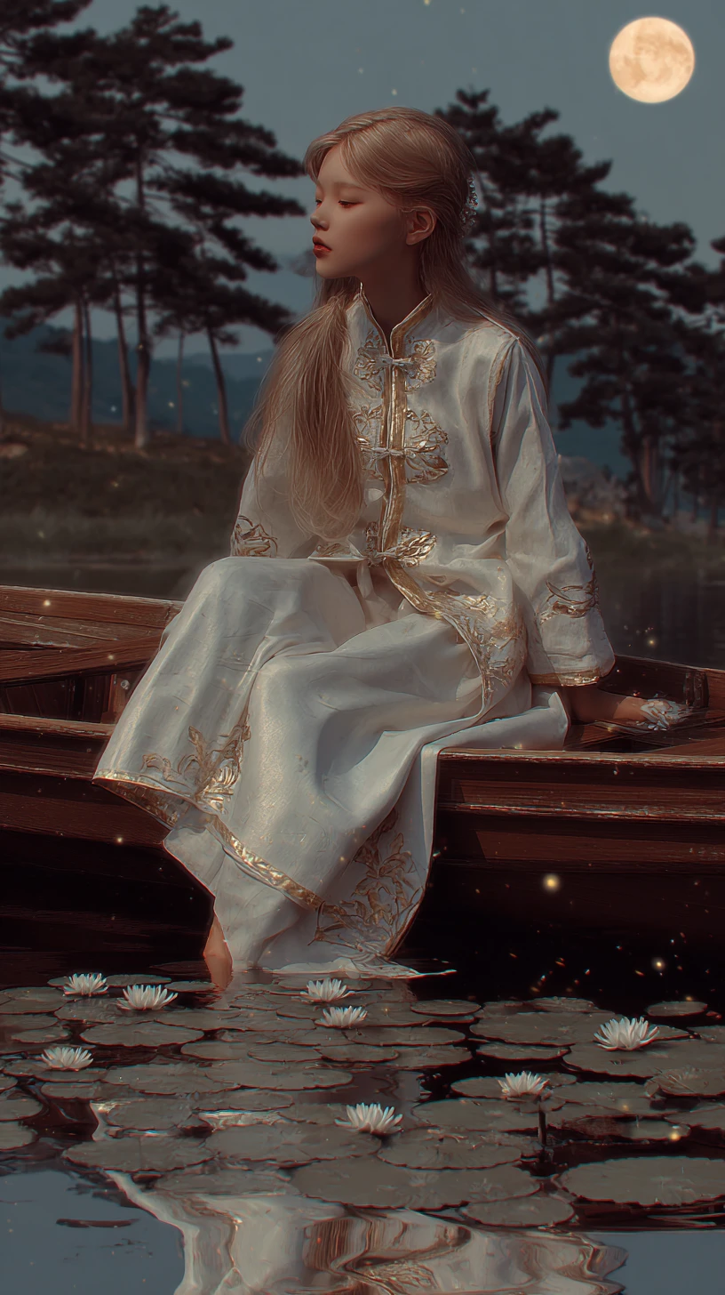 Girl in a moonlit boat surrounded by glowing spirit lights