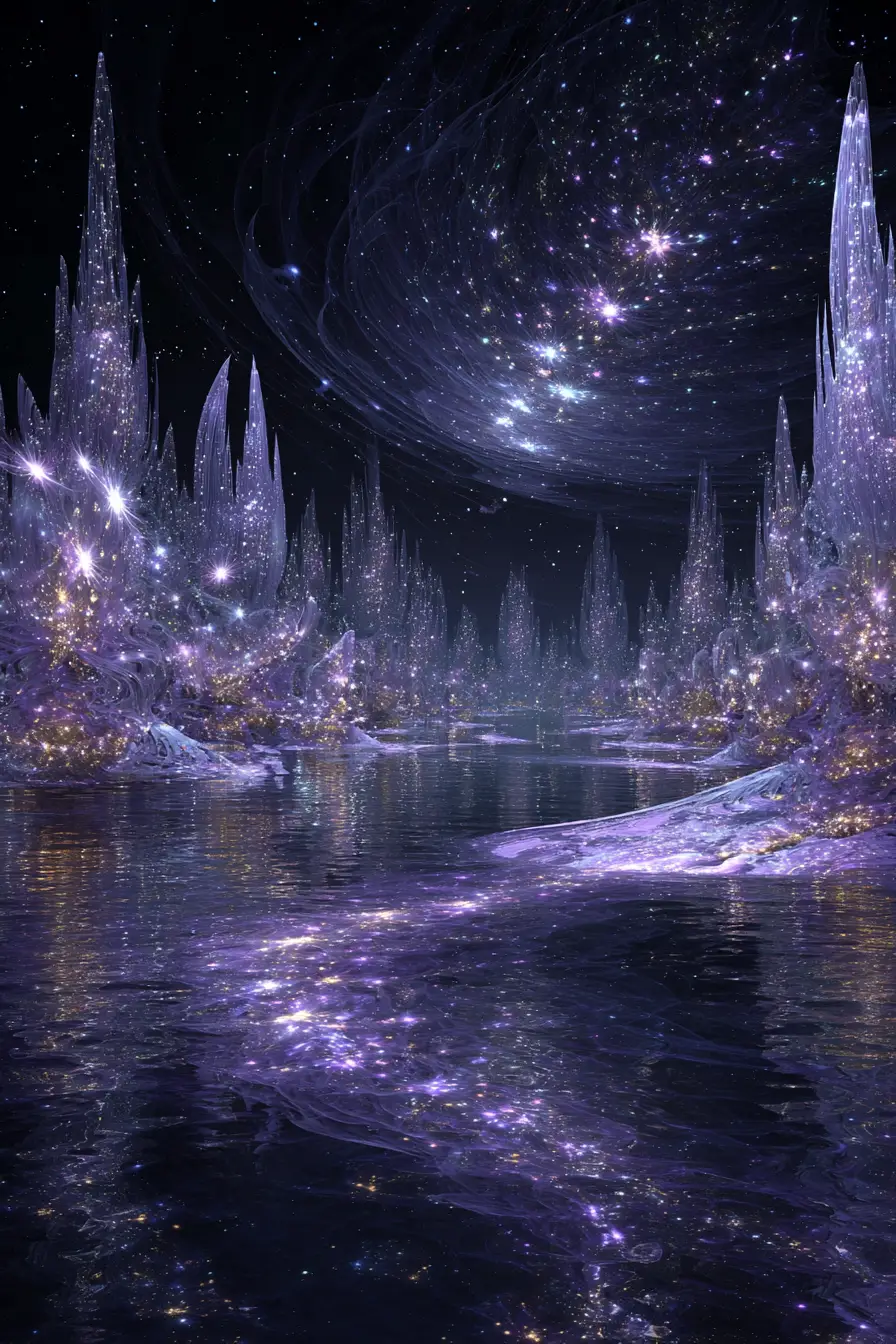 Ethereal crystal metropolis with a luminous cosmic entity