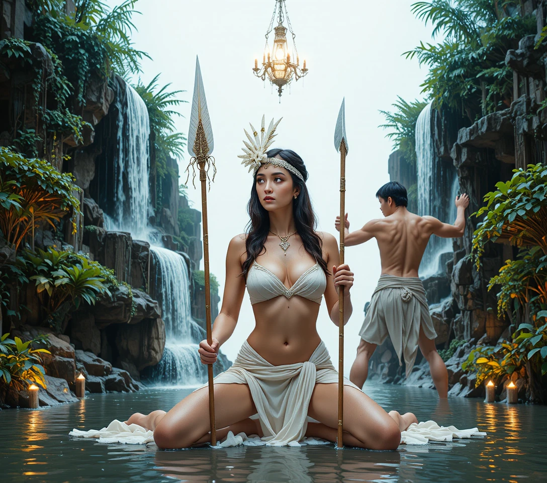 Woman in white on a grand waterfall theater stage