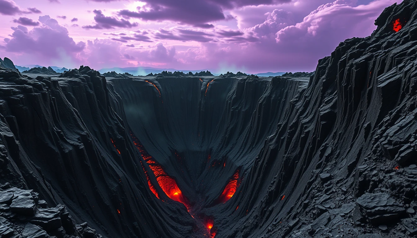 異星の火山クレーター深淵へのめまいがする眺め