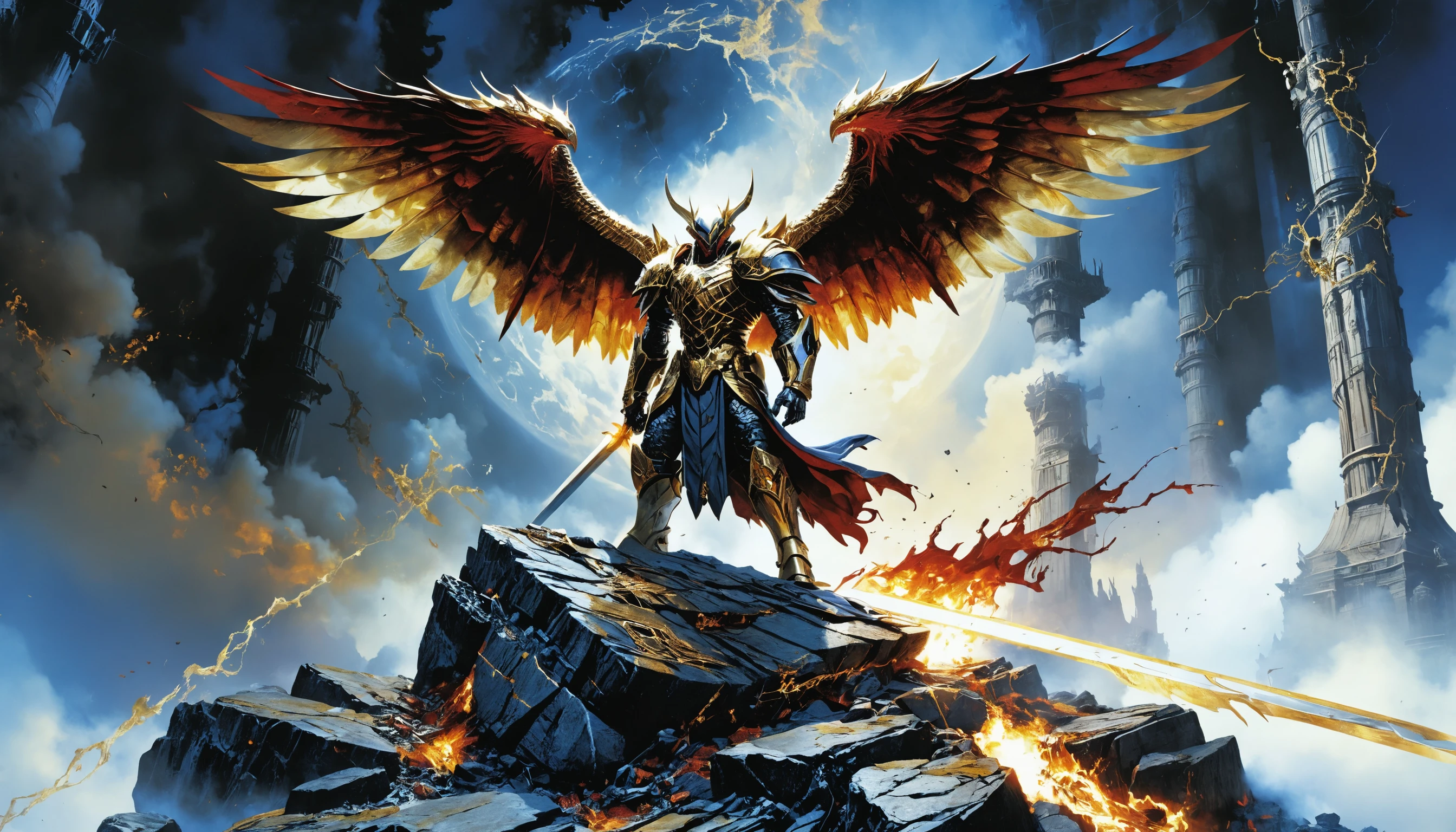 Bound demonic titan roaring beneath descending celestial blades