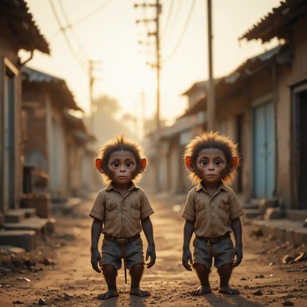 Two young monkeys in a cinematic Indian sunrise street