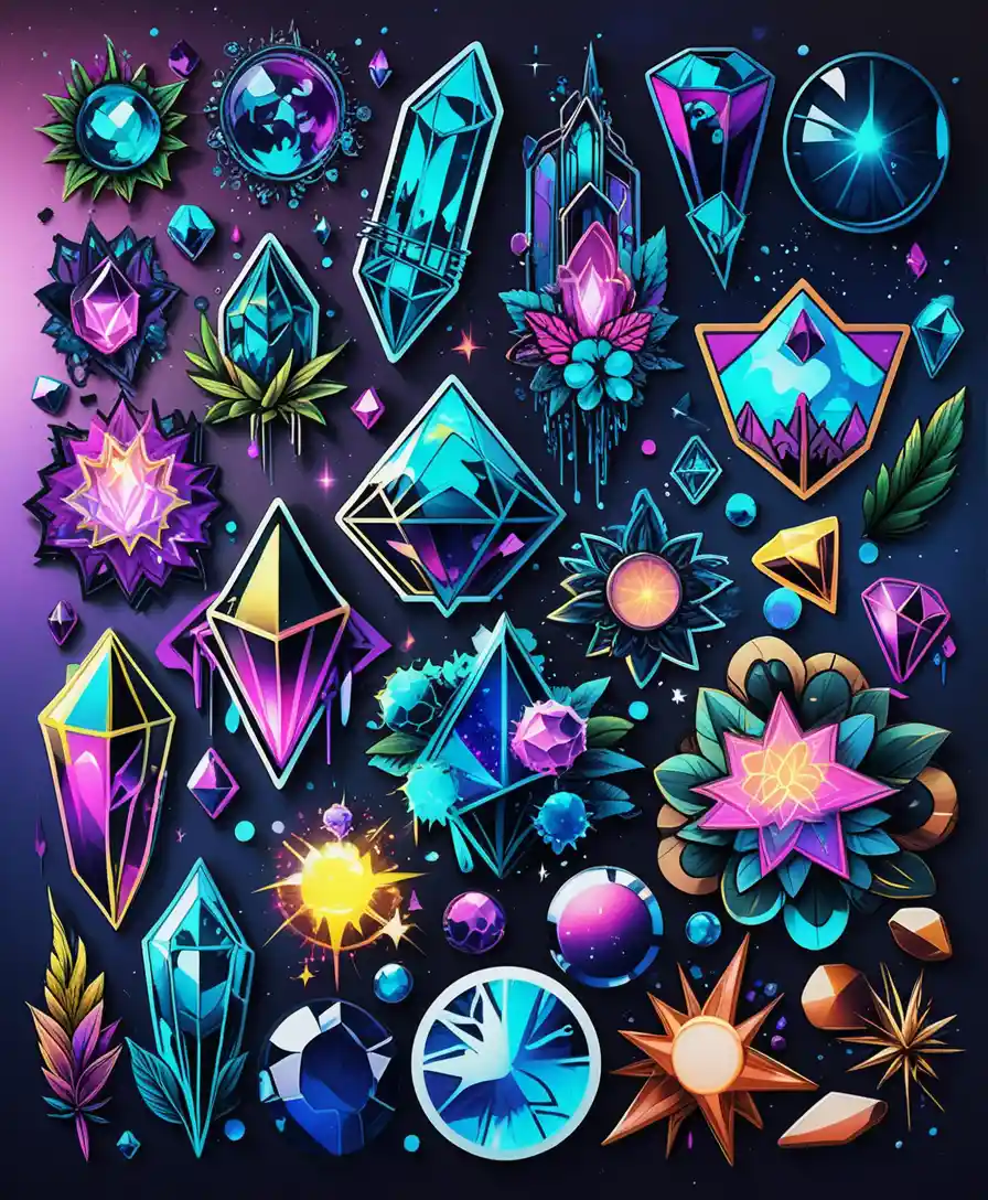 Colorful crystal clusters on white sticker flash sheet