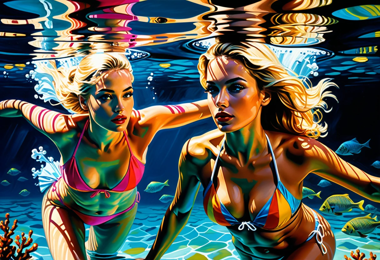 Two athletic women swimming together in an underwater bay
