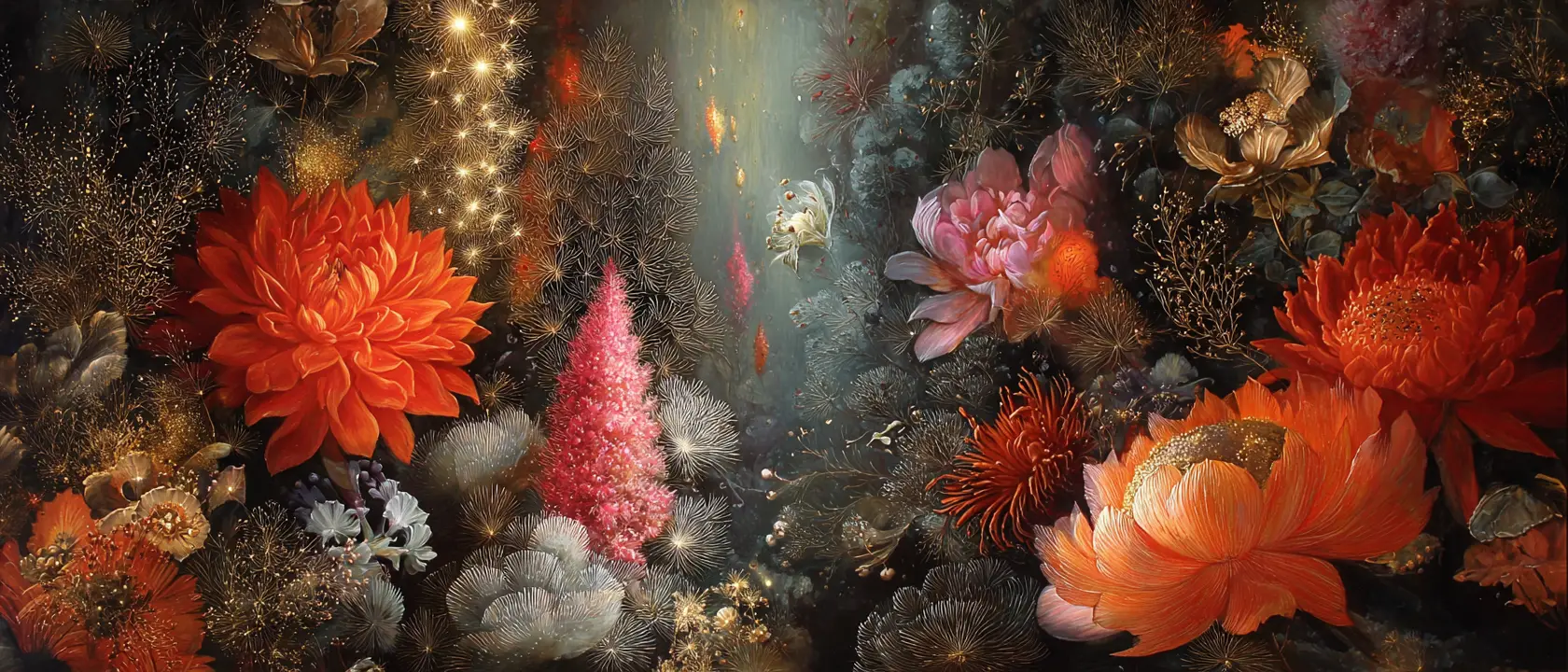 Sciamano surreale tra fiori luminosi in una foresta fantasy