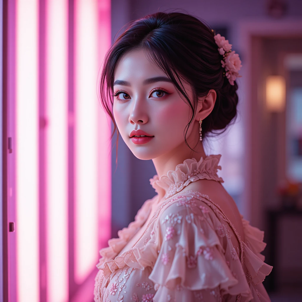 Elegant young Asian woman in soft neon portrait