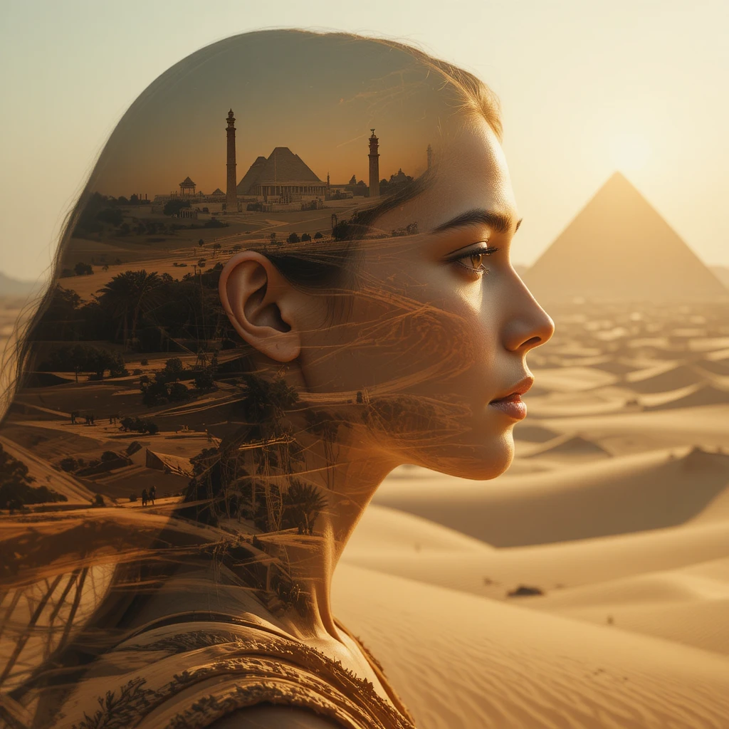 Ritratto in doppia esposizione di una donna egiziana e del deserto
