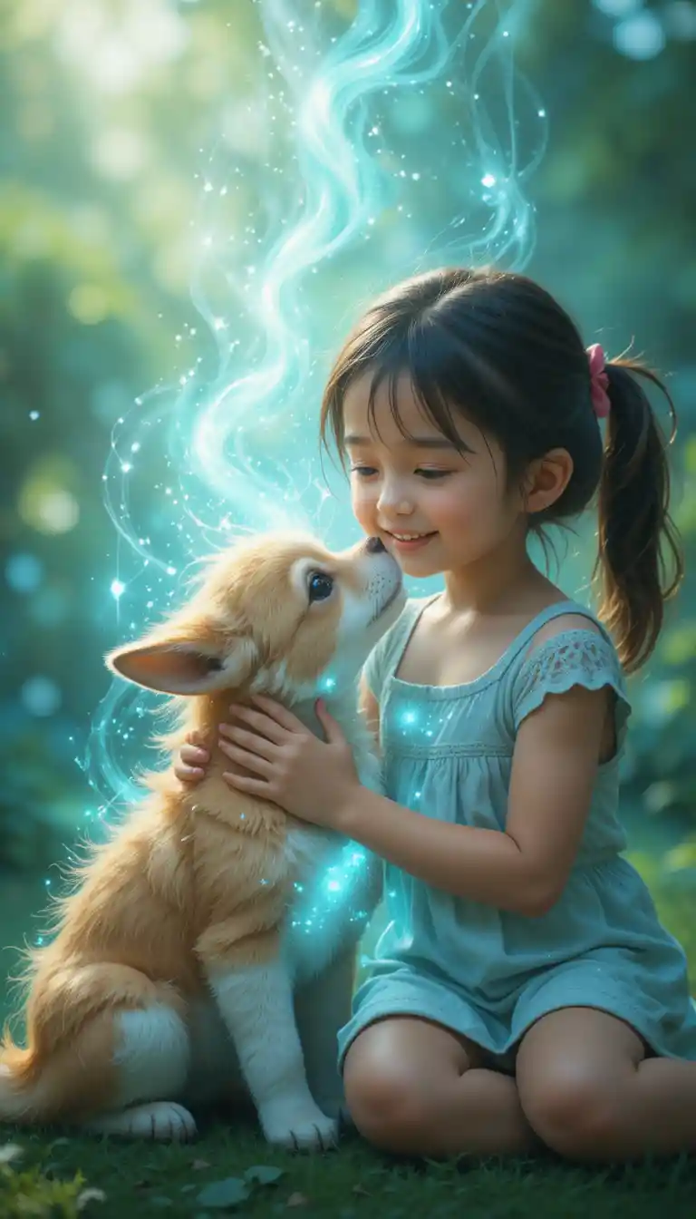 Child and pet sharing a glowing blue moment of love