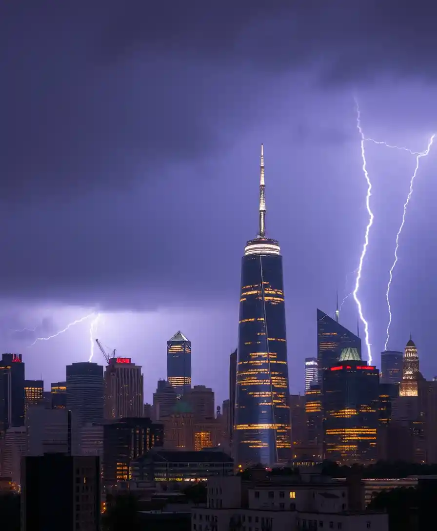 Fulmini drammatici sopra lo skyline notturno di una città moderna di vetro