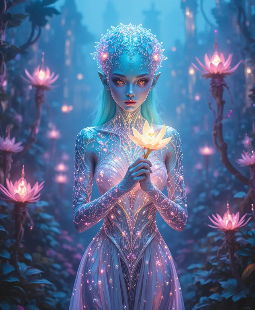 Iridescent Alien Woman Holding Glowing Flower In Jungle